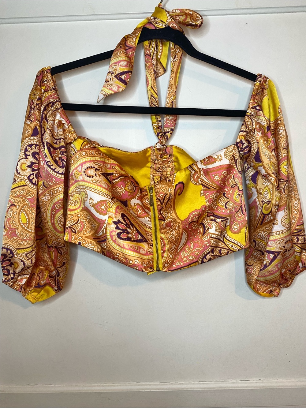 GUESS Women's Yellow Paisley Ruched Satin Crop Top - Picture 4 of 4